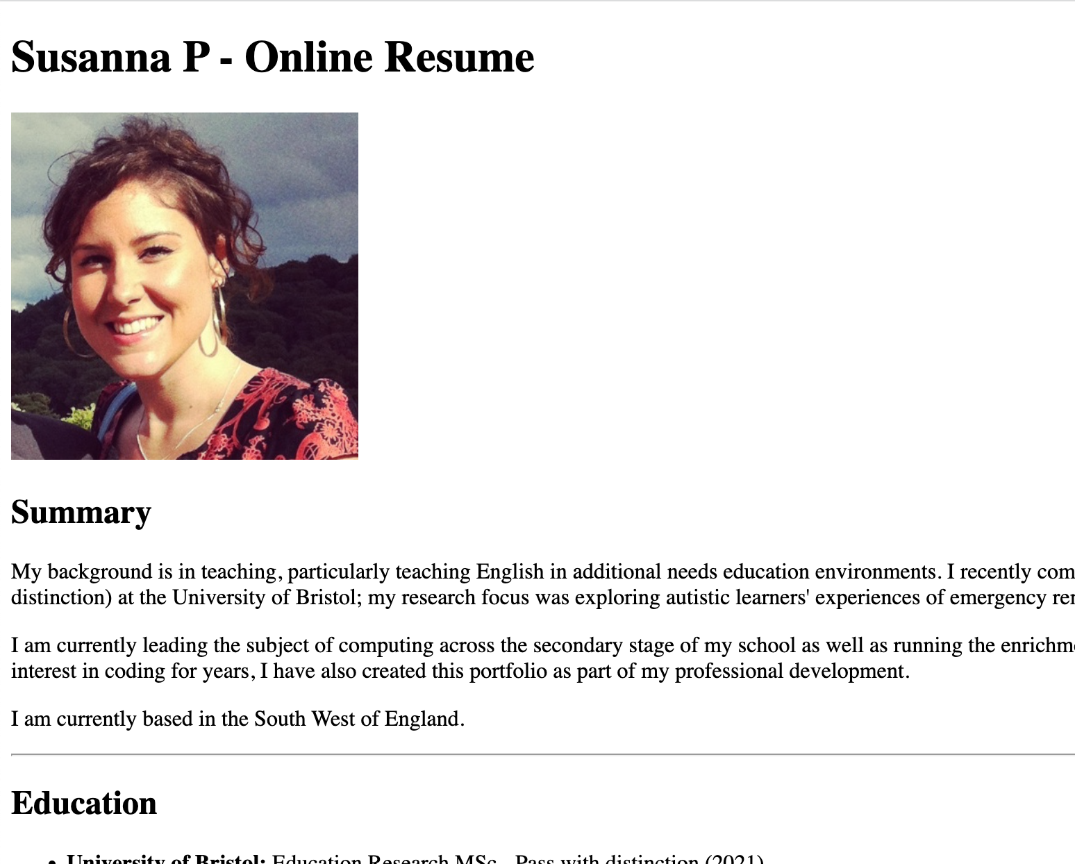 screenshot of HTML resume